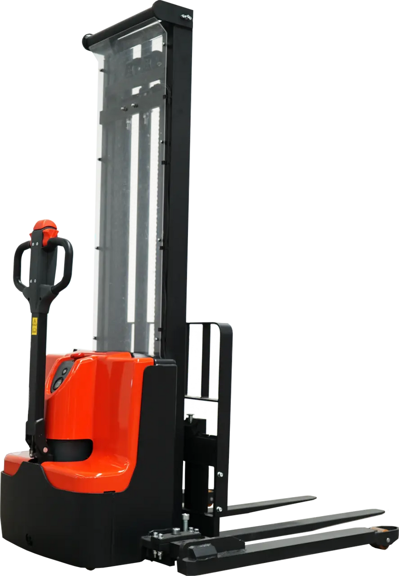 Ballymore Fork Electric Straddle Stacker in black and orange electric pallet stacker for material handling