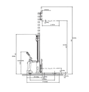 Technical drawing of EKKO electric pallet stacker showing dimensions and structural details