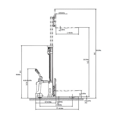 Technical drawing of EKKO electric pallet stacker showing dimensions and structural details
