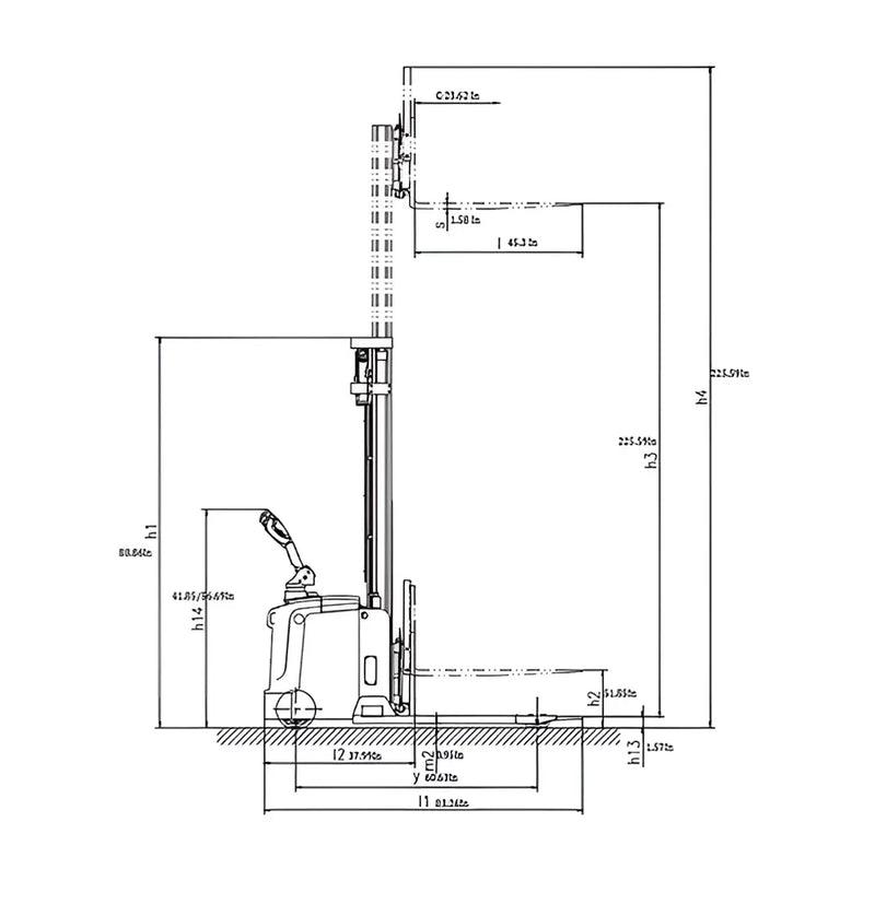 Technical drawing of EKKO electric pallet stacker showing dimensions and structural details