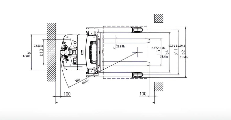 Technical drawing of EKKO Electric Pallet Stacker straddle stacker with dimensions from top view