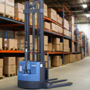 EOSLift electric pallet stacker in warehouse with wide forks and tall lifting mast for heavy loads