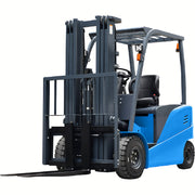 EOSLift blue electric forklift with protective overhead guard and black lifting forks