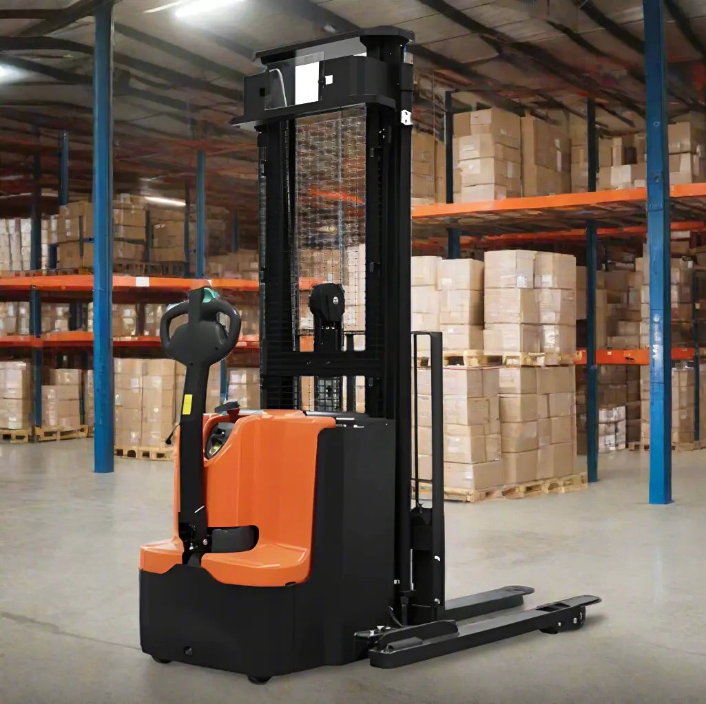 Major Lift electric pallet stacker in warehouse with orange and black design for heavy lifting