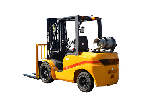 EKKO yellow propane forklift with rear propane tank and black forks isolated on white background