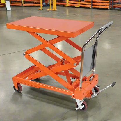 Major Lift orange scissor lift table with wheels and hydraulic handle for heavy lifting