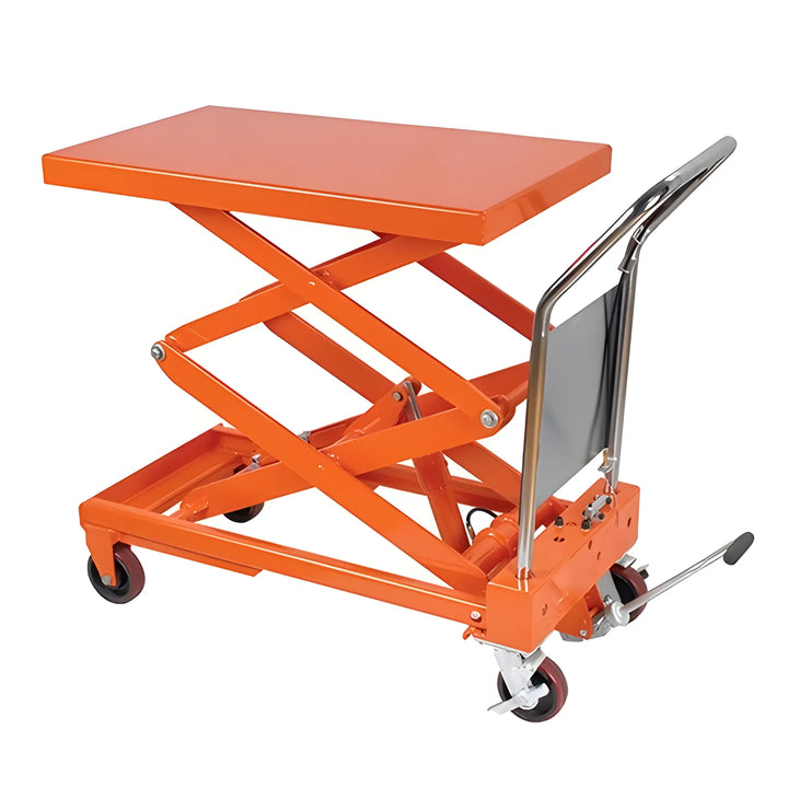 Orange Major Lift scissor lift table with hydraulic foot pump and four caster wheels for heavy lifting