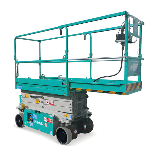 IMER green scissor lift with safety rails and hydraulic lifting mechanism for elevated work