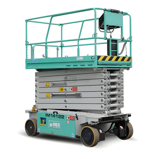 IMER scissor lift model IM14122 in green and gray with safety rails and compact design