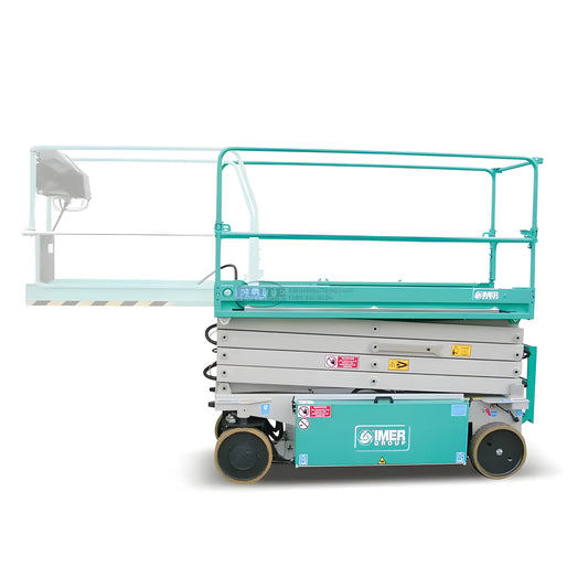 IMER green and gray scissor lift with safety rails and compact wheels for elevated work