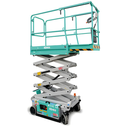 IMER green and gray scissor lift with safety rails and control panel for elevated work