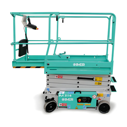 IMER green and gray compact Scissor Lift with safety rails and control panel on white background