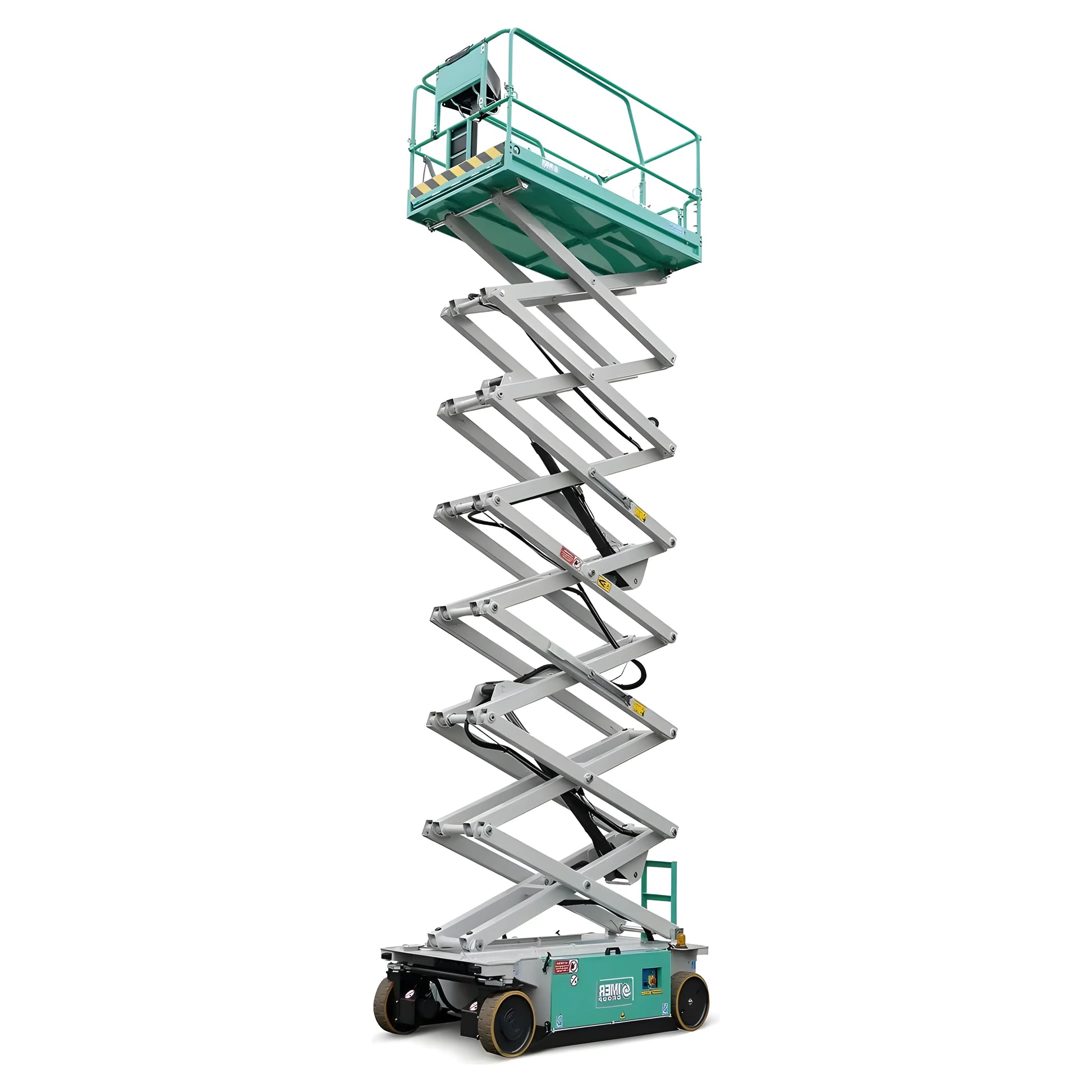 IMER green and silver industrial Scissor Lift fully extended with safety railings and wheels