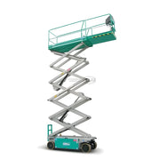 IMER green and gray industrial Scissor Lift with extended platform and safety rails