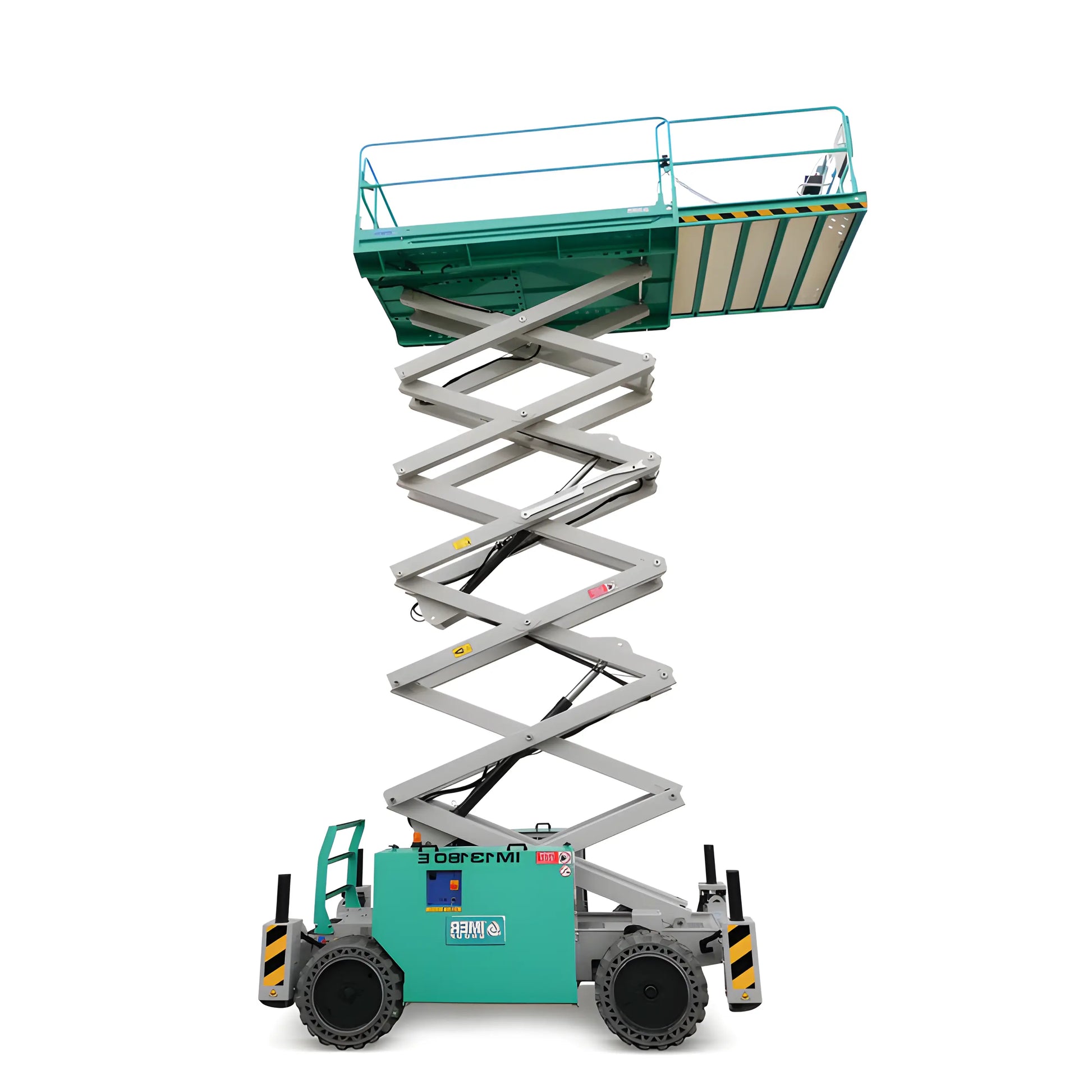 IMER green and gray scissor lift with extended platform and safety rails for elevated work