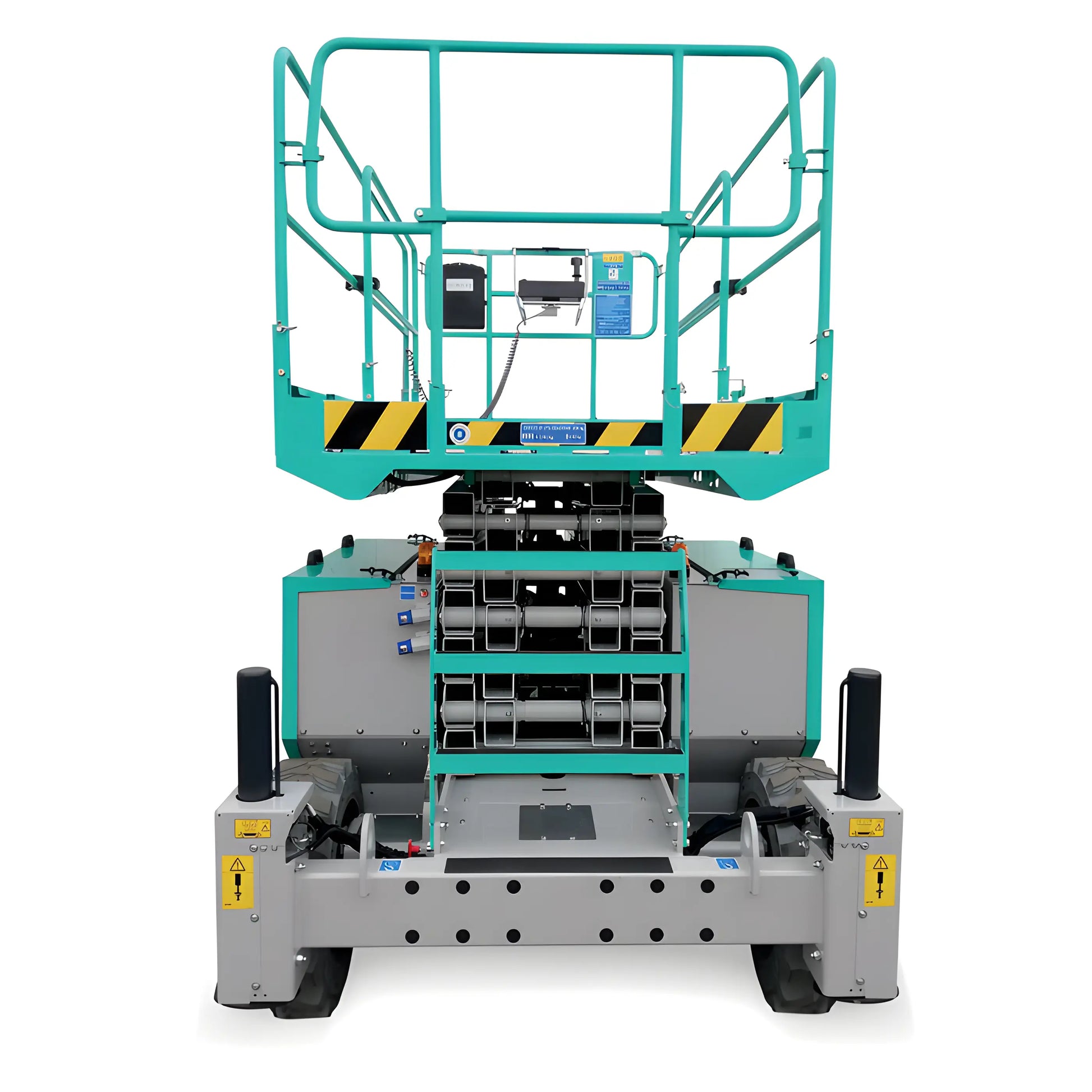 IMER green and gray scissor lift with platform guardrails viewed from the front