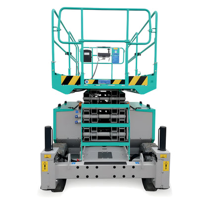 IMER green and gray scissor lift with platform guardrails viewed from the front