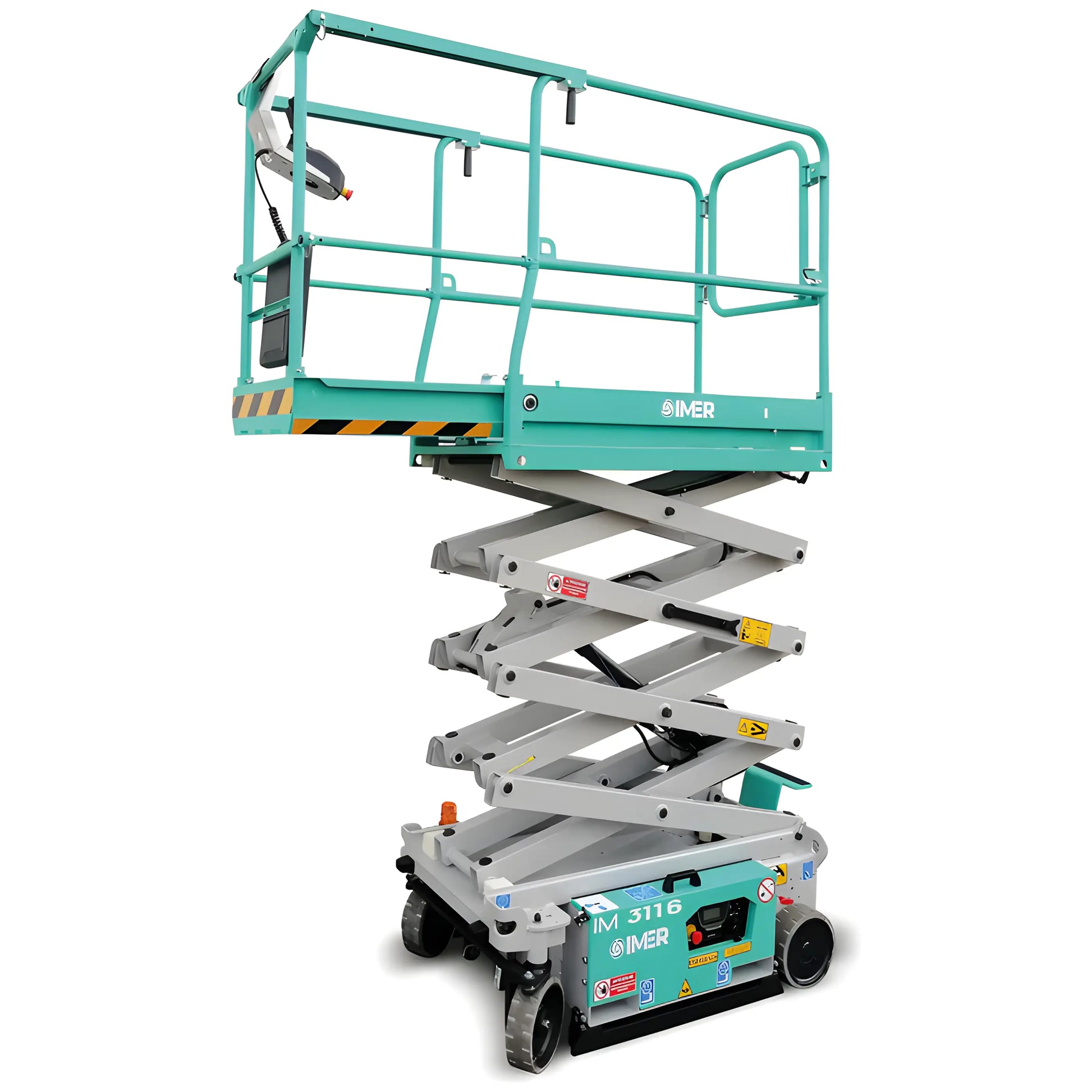 IMER scissor lift with teal platform and gray lift mechanism for industrial and construction use