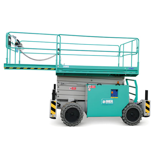 IMER Scissor Lift with extended platform and safety railings in teal color for elevated work