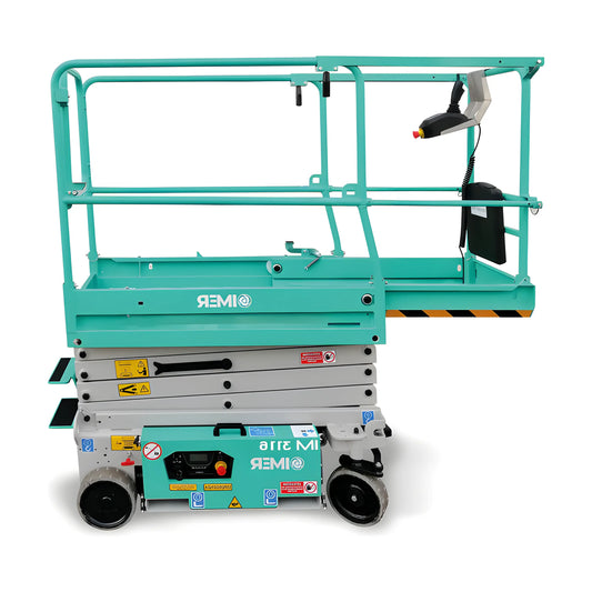 IMER green and gray compact scissor lift with safety rails and control panel for elevated work