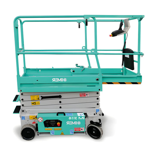 IMER green and gray compact scissor lift with safety rails and control panel for elevated work