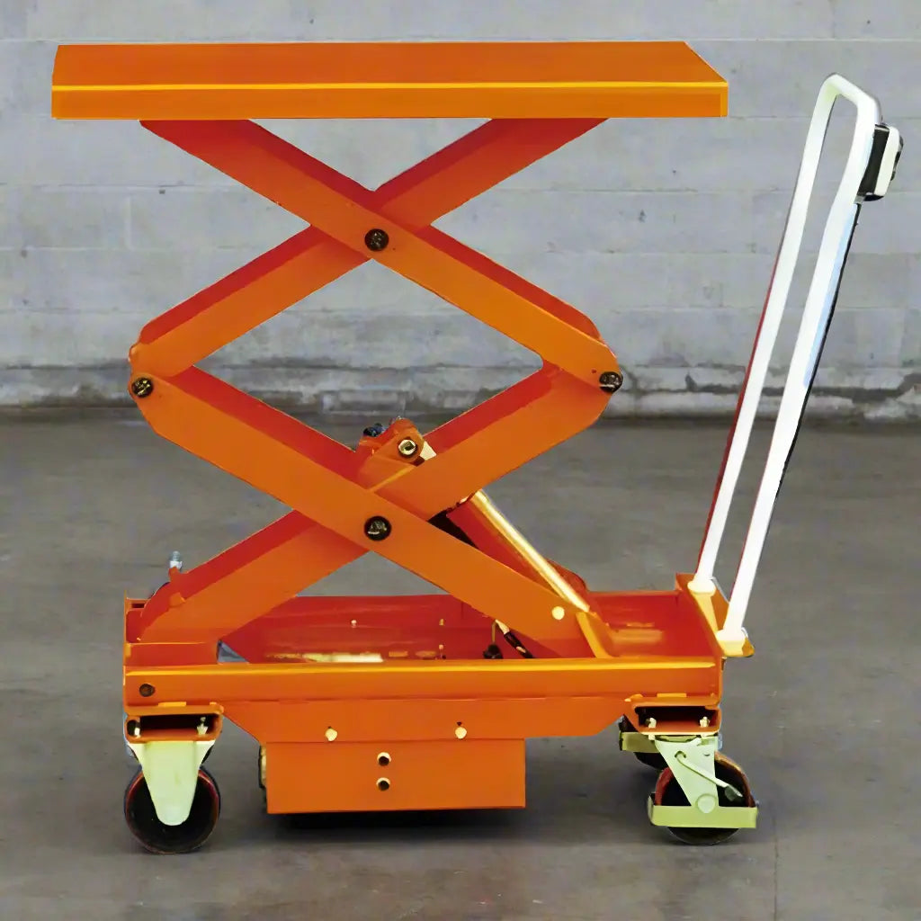 Orange Major Lift scissor lift table with wheels and white handle on concrete floor
