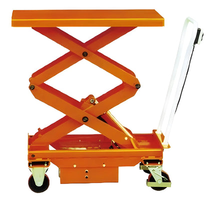 Major Lift orange scissor lift table with wheels and handle for mobile material lifting