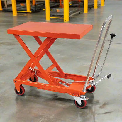 Orange Major Lift scissor lift table with hydraulic handle and caster wheels in warehouse