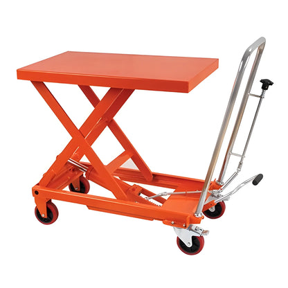 Major Lift orange scissor lift table with wheels and handle for easy mobility