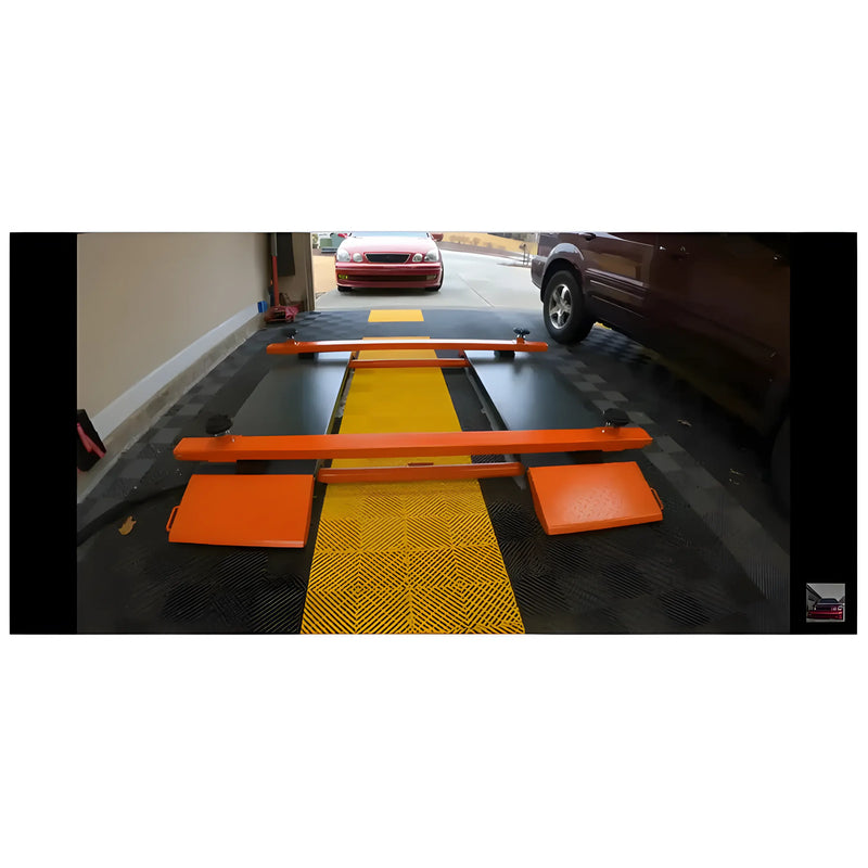 Katool Electric Scissor Lift shown in garage with orange ramps and cars for vehicle maintenance