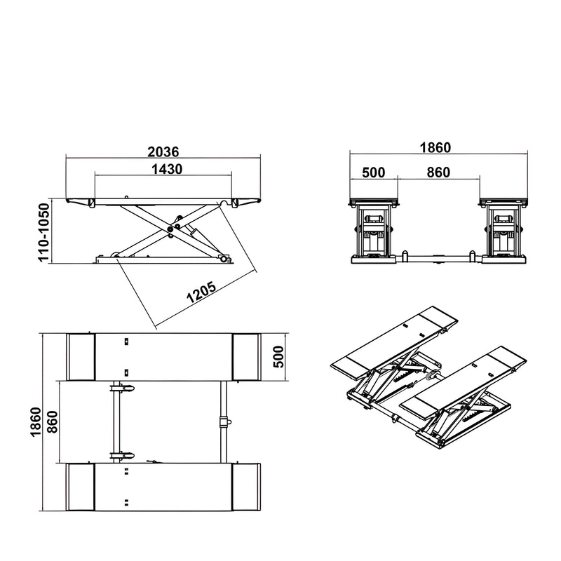 Katool Electric Scissor Lift technical drawing showcasing dimensions and design features