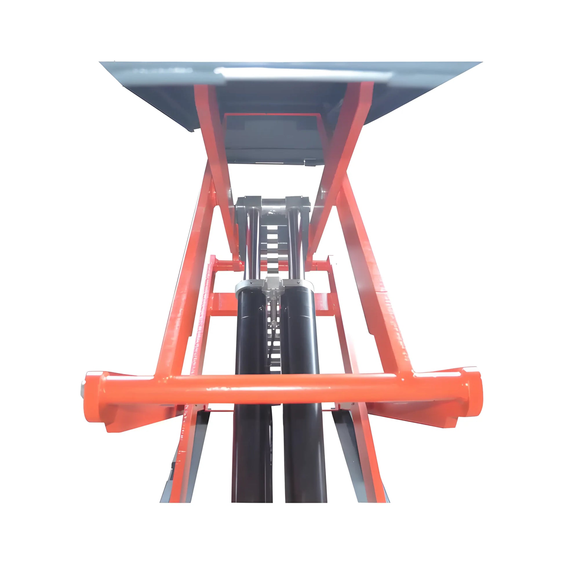 Katool Scissor Lift showing hydraulic features and sturdy frame from a low angle view