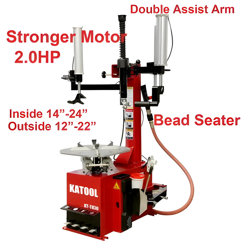 Katool Tire Changer with 2.0HP motor and double assist arm for sizes 12 to 24 inches