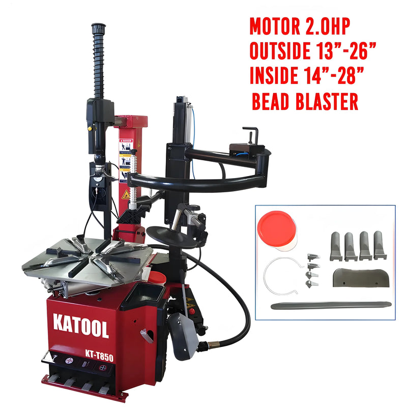 Katool Tire Changer Tilt-Arm with 2.0HP Motor for tire sizes 13 to 26 inches and bead blaster included