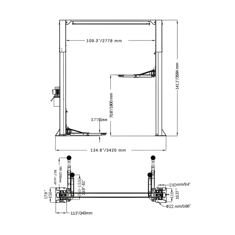 Katool Vehicle Lift Technical Drawing with Dimensions for Installation and Capacity Specifications