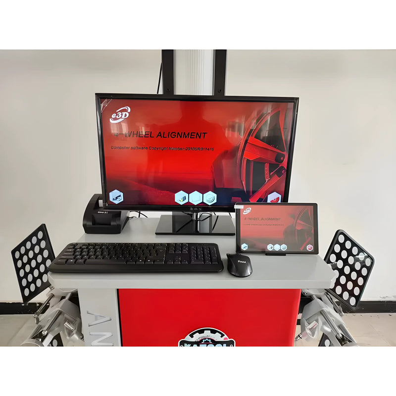 Katool Wheel Alignment System featuring a computer monitor and tablet for precise vehicle alignment