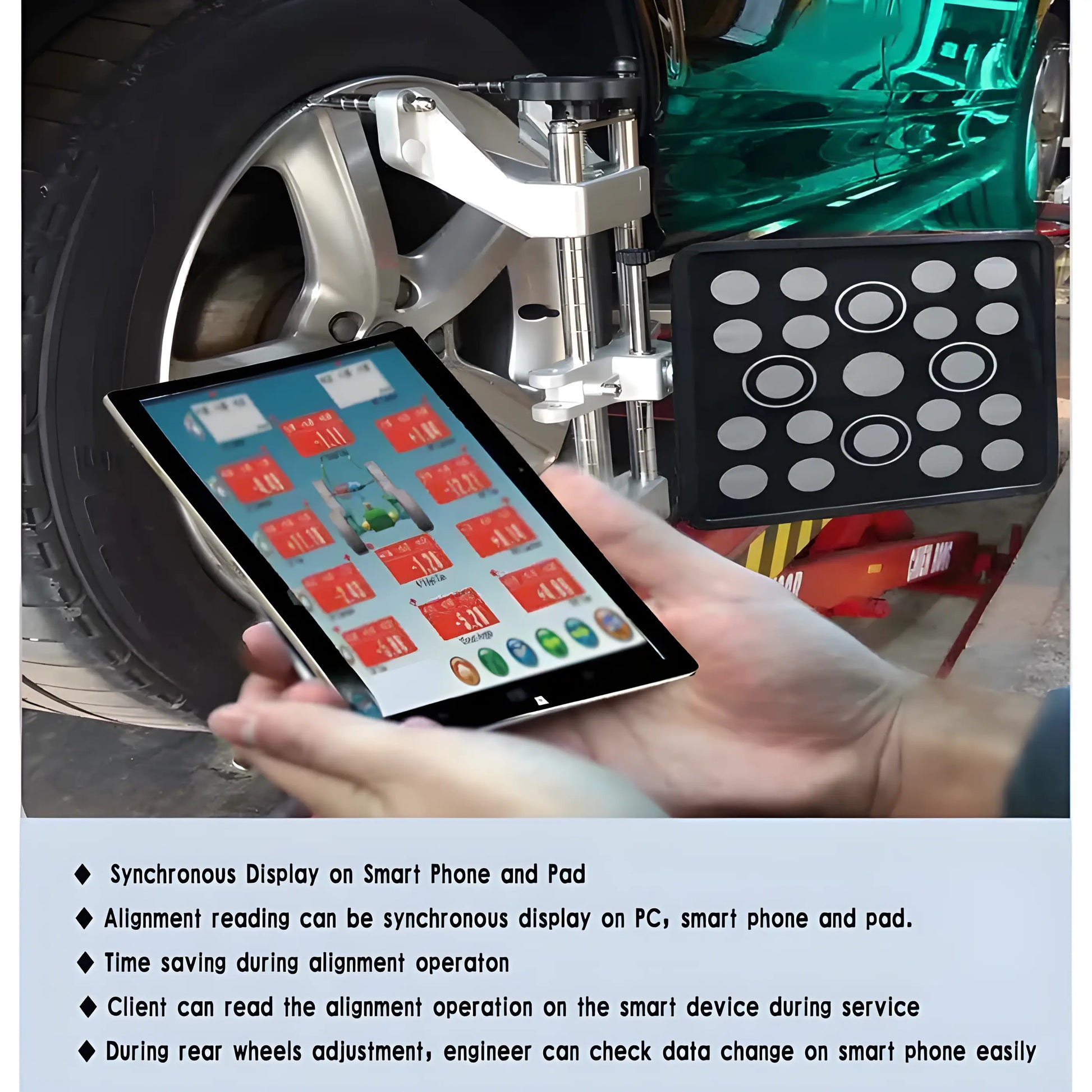 Katool Wheel Alignment system displaying synchronous data on tablet for precise vehicle alignment