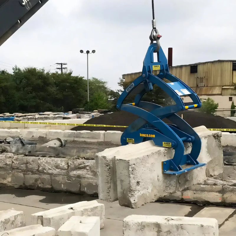Kenco Bin Block Lift attached to crane for lifting and handling concrete block safely