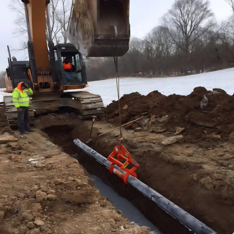 Kenco Concrete Pipe-Lift in use with excavator lifting concrete pipe from a trench at a construction site