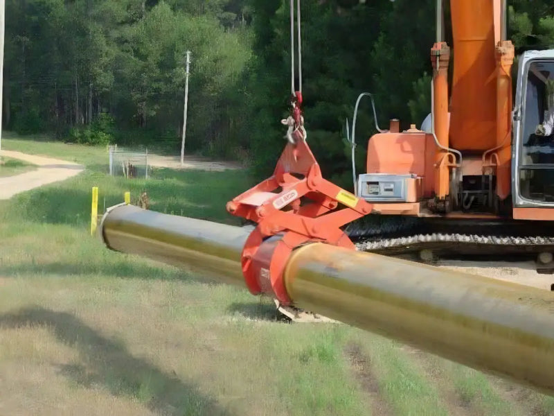 Kenco Concrete Pipe-Lift attached to a crane, lifting a concrete pipe at a construction site