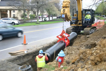 Construction scene with Kenco Concrete Pipe-Lift in use for lifting large pipes safely and efficiently
