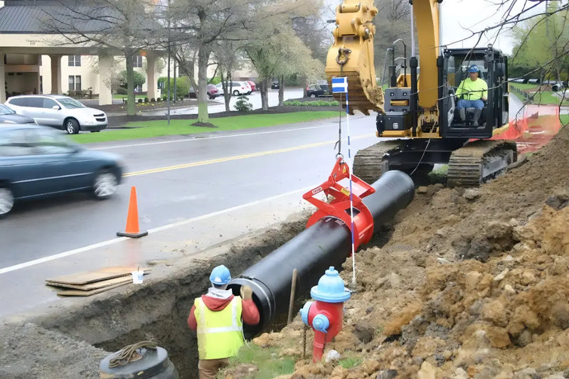 Construction scene with Kenco Concrete Pipe-Lift in use for lifting large pipes safely and efficiently