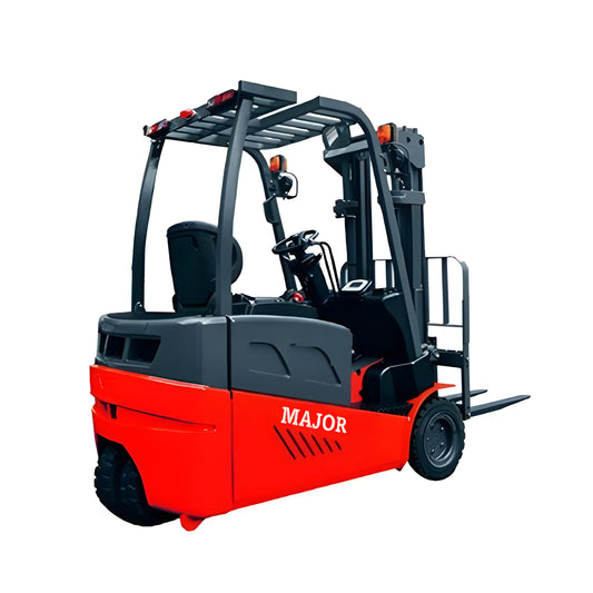 Major Lift electric forklift in red and black with protective overhead guard and front forks