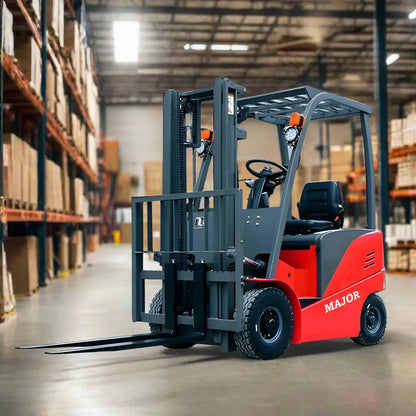 Major Lift electric forklift in warehouse with red and gray body and pallet forks