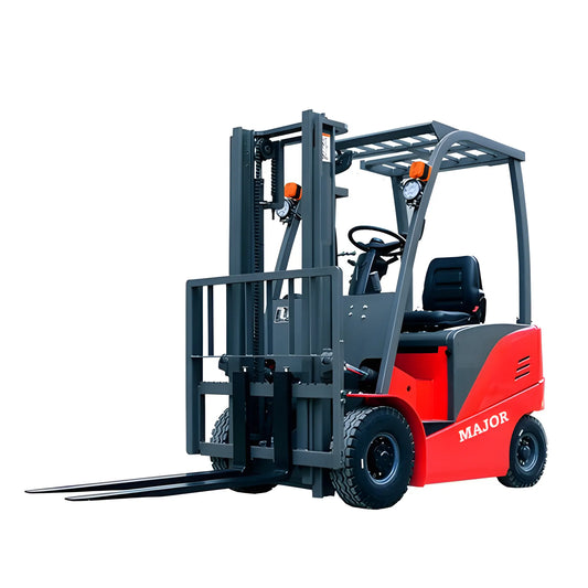 Major Lift electric forklift in red and gray with safety cage and front lifting forks