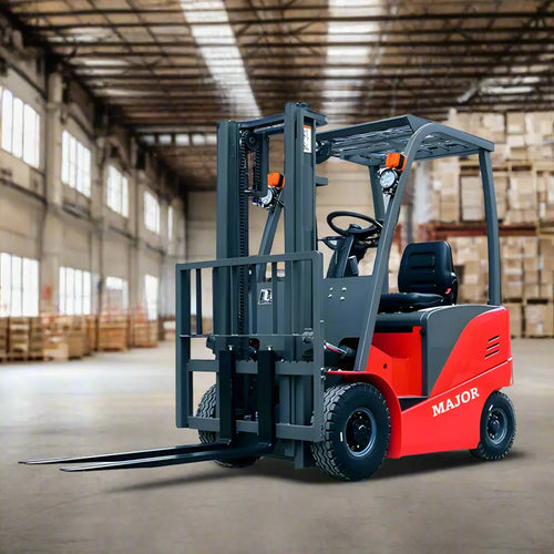 Major Lift red and black electric forklift parked inside a spacious warehouse with stacked boxes