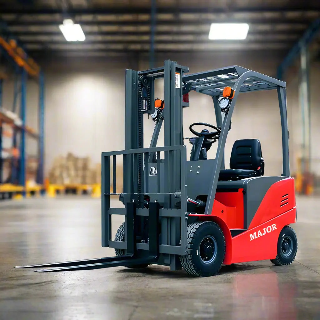 Major Lift red and black electric forklift inside warehouse with steel forks and operator seat