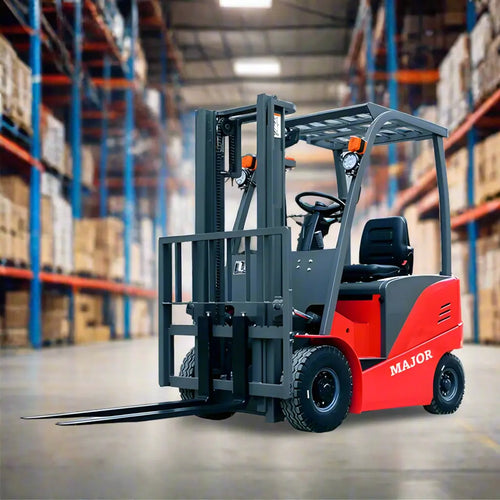Major Lift red and gray electric forklift in warehouse with lifting forks and protective overhead guard