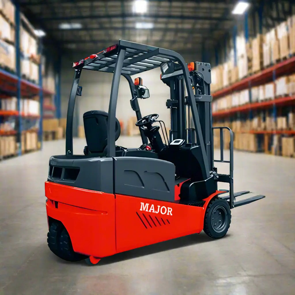 Major Lift Electric Forklift in red and black inside a warehouse with stacked boxes