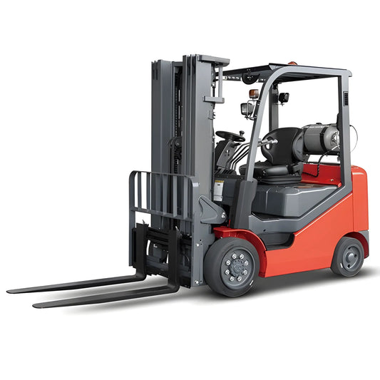 Major Lift propane forklift in red and gray with durable forks and propane tank for industrial use